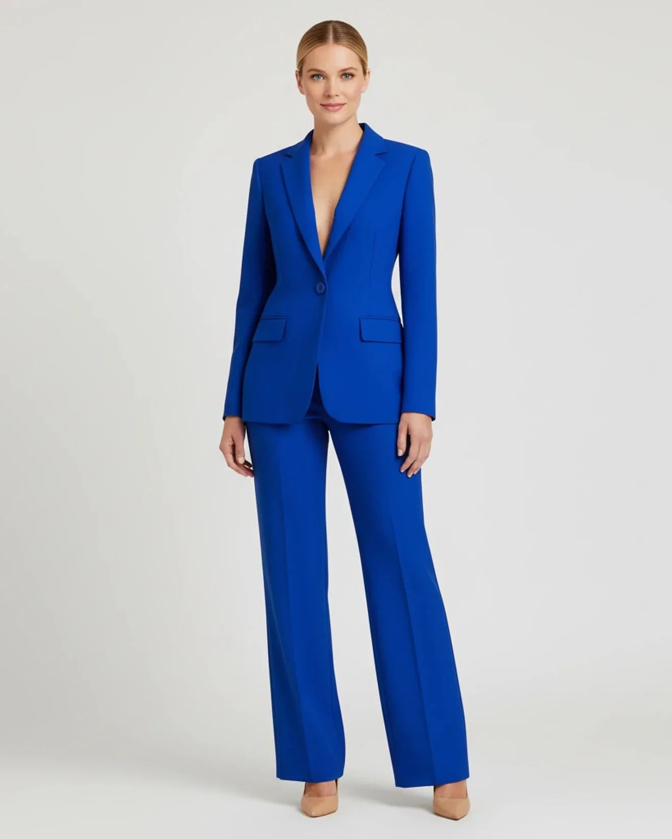 Womens Chic Tailored Long Blazer And Two Piece Wide Leg Pant Suit Set For Office And Special Occasions