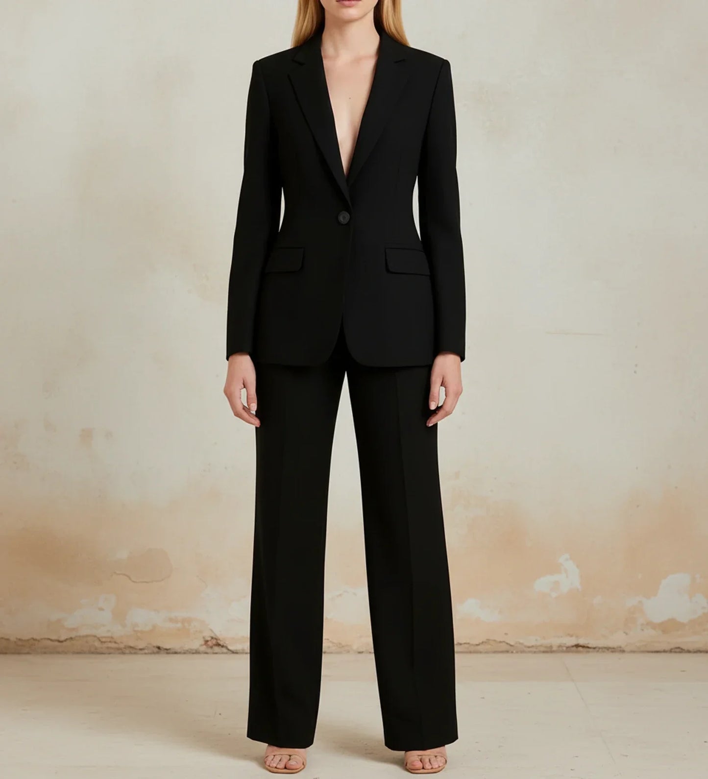 Womens Chic Tailored Long Blazer And Two Piece Wide Leg Pant Suit Set For Office And Special Occasions