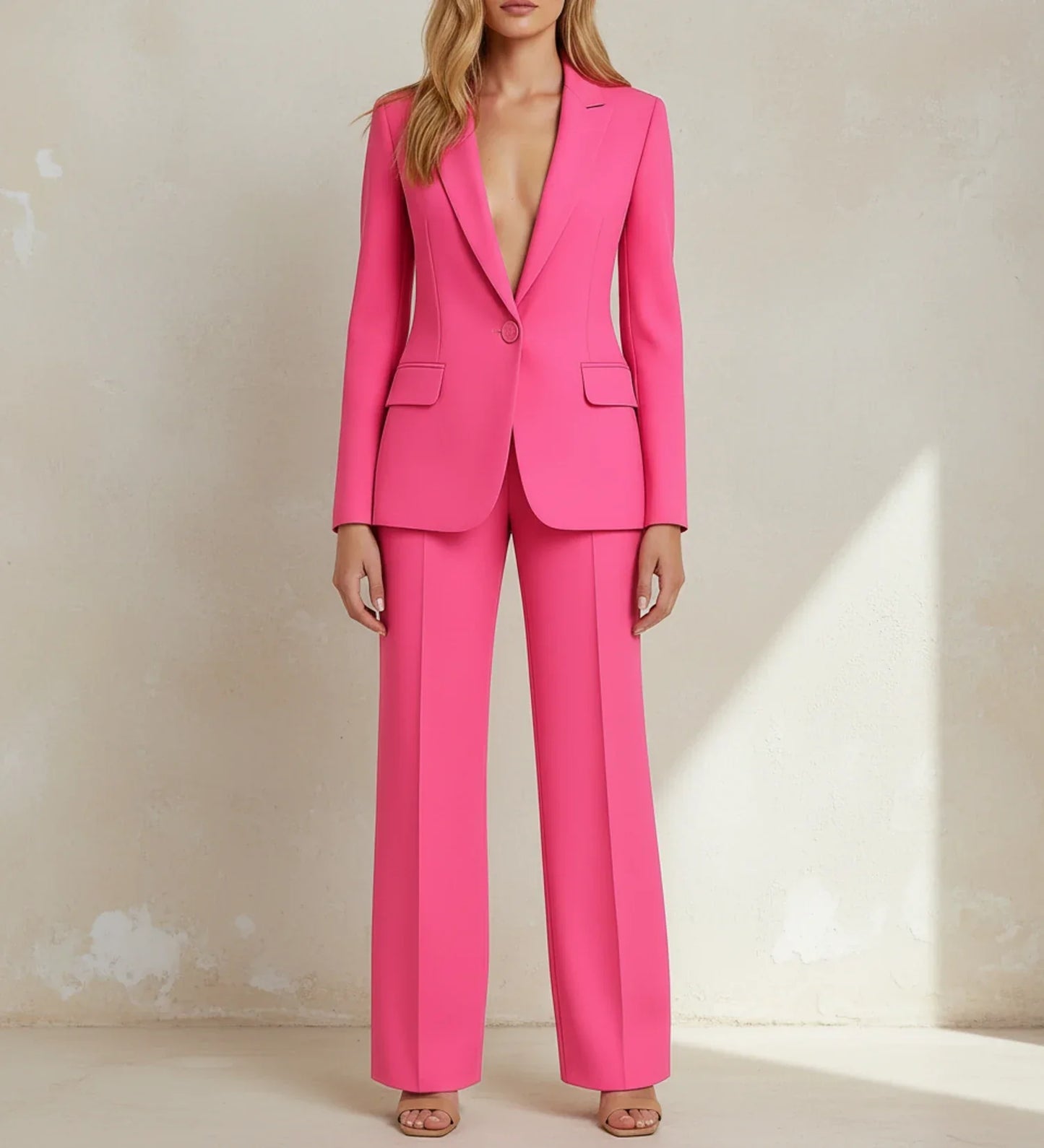 Womens Chic Tailored Long Blazer And Two Piece Wide Leg Pant Suit Set For Office And Special Occasions