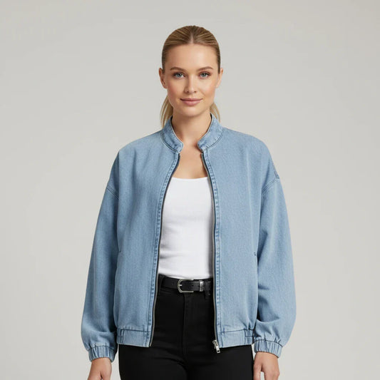 Women's Zip-Up Denim Bomber Jacket - TrendAura