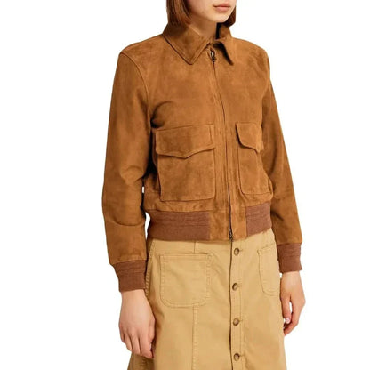 Womens Camel Lauren Brown Suede Bomber Jacket