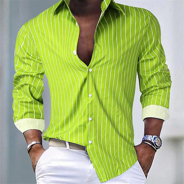 Men's Striped Slim Fit Shirt With Classic Collar Button Closure And Contrast Cuffs