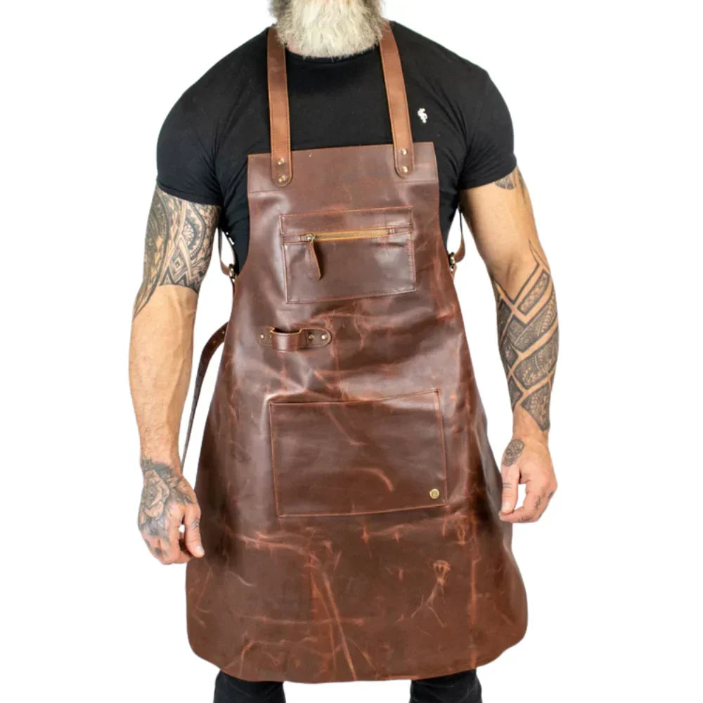 Mens Water And Fire Resistant Full Grain Leather Welding Apron By TrendAura With Adjustable Straps