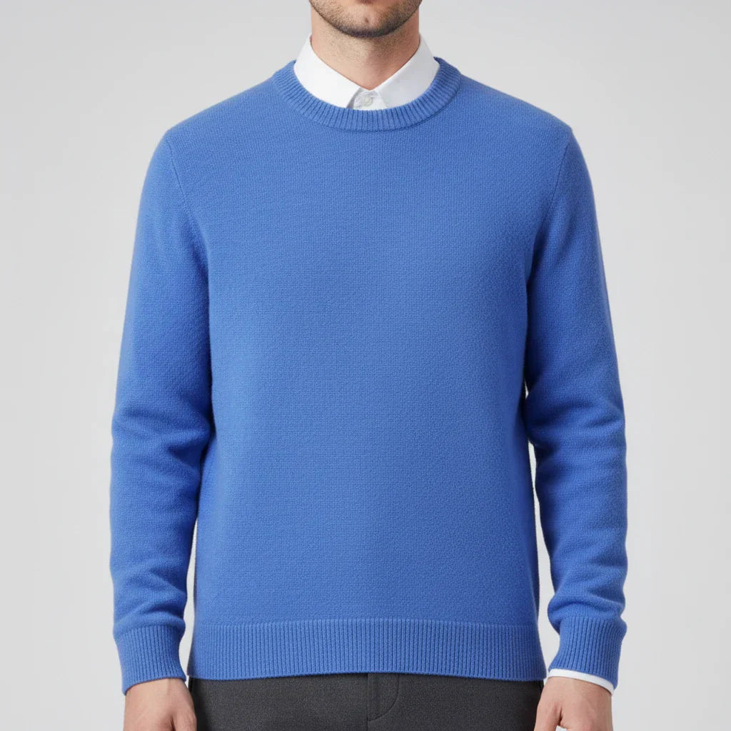 Men's Light Blue Crew Neck Knit Sweater Regular Fit With Ribbed Cuffs Timeless Wardrobe Essential