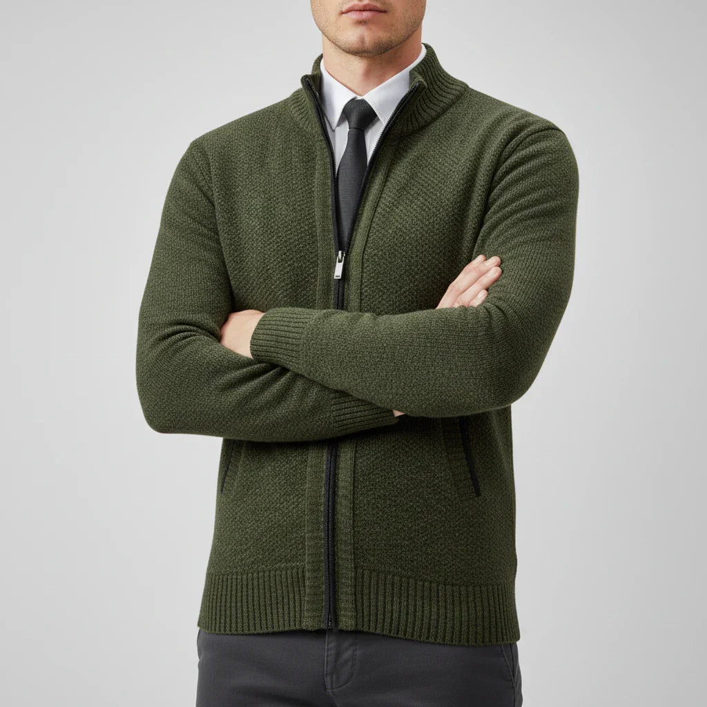 Men Zip Up Sweater With Stand Collar For Easy Layering And Timeless Style Ideal For Office Or Weekend Wear