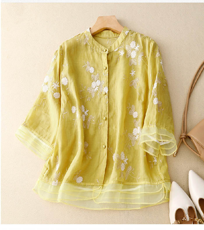 Women's Blouse with Floral Accents and Lightweight Fabric