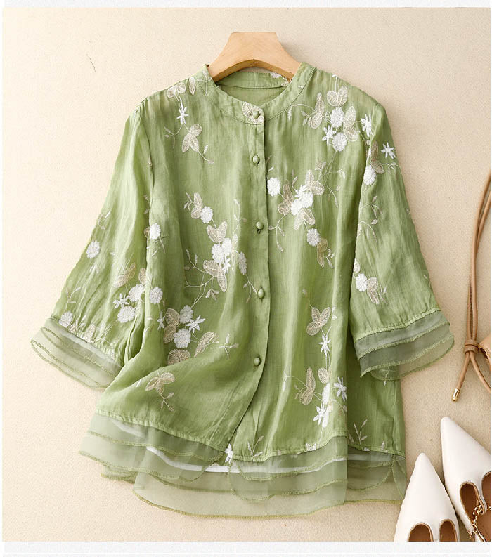 Women's Blouse with Floral Accents and Lightweight Fabric - TrendAura