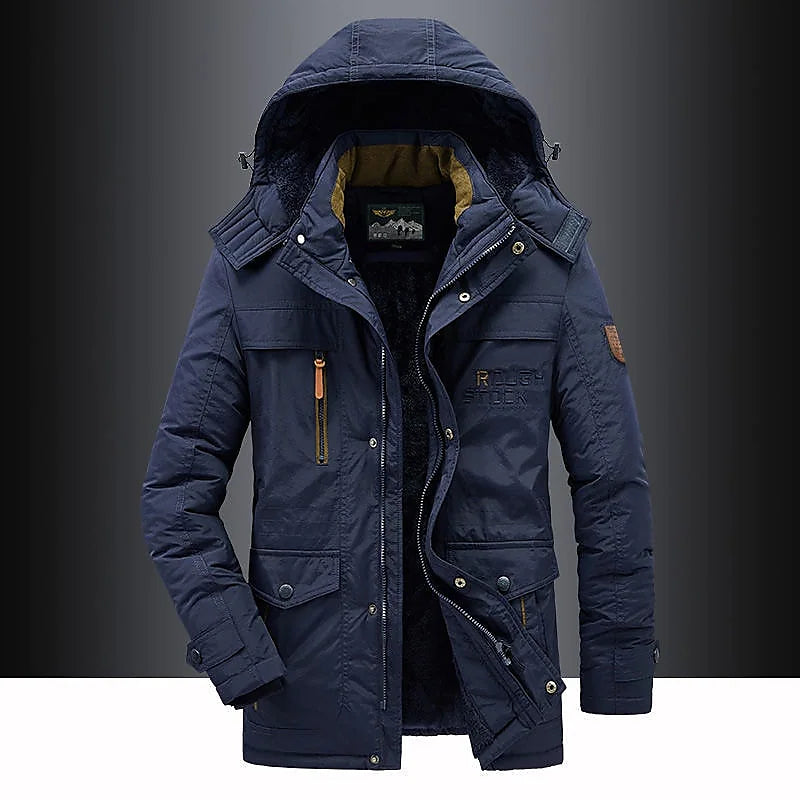 Men's Fleece Lined Hooded Thigh Length Parka With Winter Warmth And Functional Design