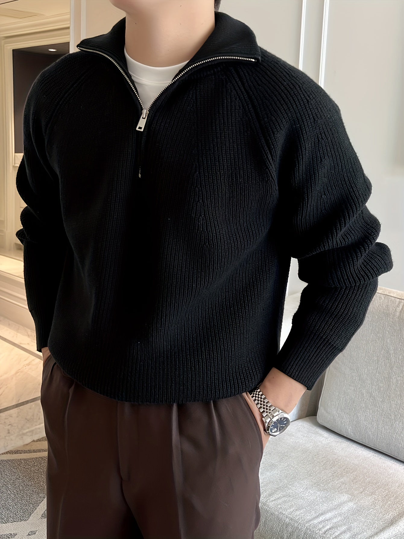 Men's Knit Sweater Half Zip With High Collar Long Sleeve Rib Knit For Casual And Formal Wear TrendAura
