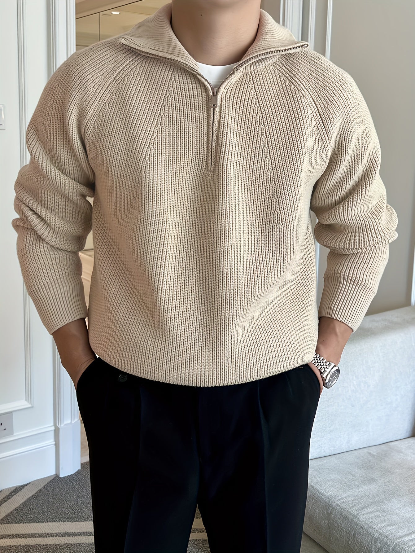 Men's Knit Sweater Half Zip With High Collar Long Sleeve Rib Knit For Casual And Formal Wear TrendAura